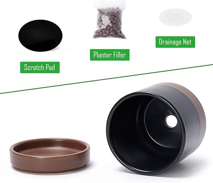 D'vine Dev 3.5 Inch & 4.7 Inch Ceramic Planter Pots for Plants with Drainage Hole and Saucer, X-Small Plant Pots Set, Black/Speckled Tan, 94-G-XS-7 by GreenHaven Gardens