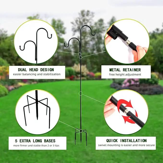 Double Shepherds Hooks for Outdoor, Bird Feeder Pole with 5 Prongs Base, Heavy Duty Garden Hook for Lantern, Wind Chime and Hummingbird Feeder, 45 Inch, 2 Pack by GreenHaven Gardens