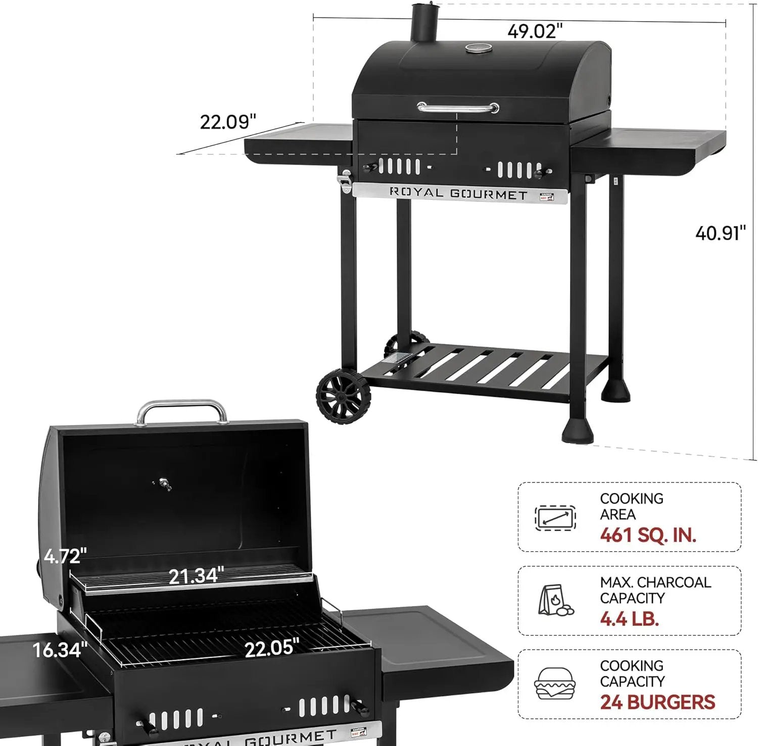 24-Inch Charcoal Grill with Foldable Side Tables, Movable BBQ Grill with 470 Sq. In. Cooking Area for Backyard, Patio and Parties, Black, CD1824EH-SC by GreenHaven Gardens