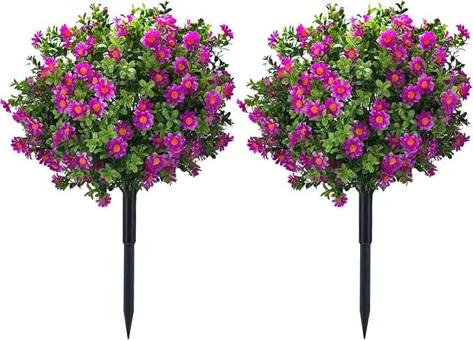 23.6" Artificial Boxwood Topiary Ball Trees with Purple Flowers, Set of 2 UV Resistant No Fade Outdoor Faux Plants with Ground Spike, Fake Shrubs for Garden, Patio, Porch, Yard, Indoor Decor by GreenHaven Gardens