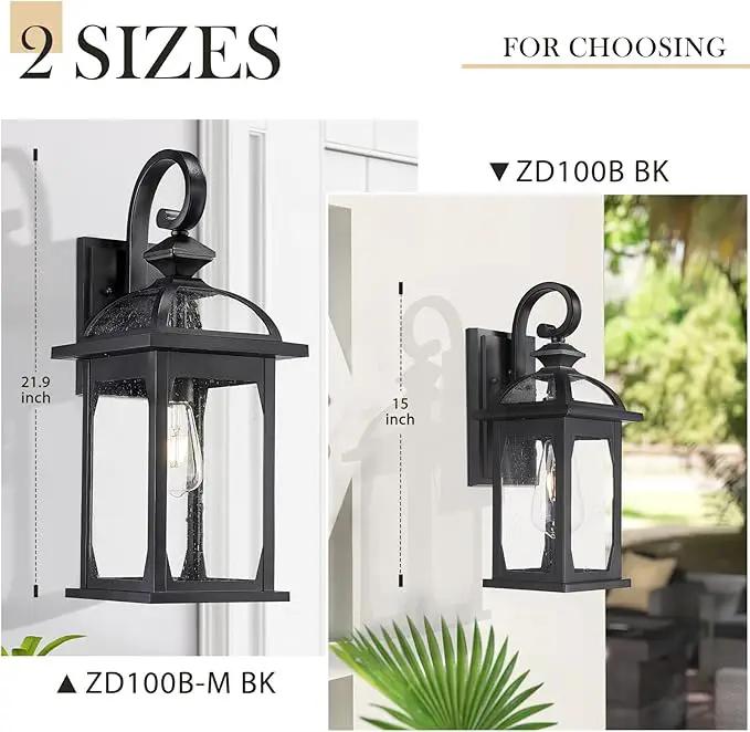 zeyu Outdoor Porch Light Wall Light Fixture, 15 Inch Exterior Wall Lighting for House, Die-Cast Aluminum with Seeded Glass, Black Finish, ZD100B BK by GreenHaven Gardens