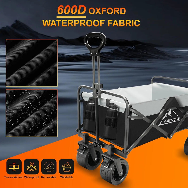 Collapsible Foldable Wagon, Utility Large Capacity Beach Wagon with Big Wheels, Shopping Cart with Side Pocket and Brakes for Sand, Garden, Grocery, Sports, Camping, Black by GreenHaven Gardens