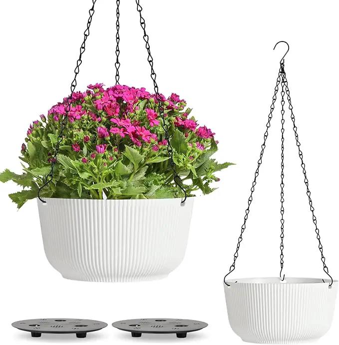 T4U Hanging Planter Self Watering 8 Inch, 2 Pack White Indoor Outdoor Hanging Plant pots, Hanging Flower Pot with Drainage Hole & Plug & Chain with 3 Hooks for Garden Home Decor by GreenHaven Gardens
