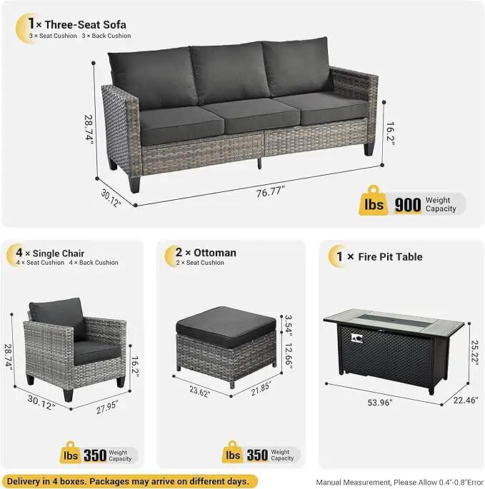 ovios 8 Pieces Patio Furniture Set with 54" Fire Pit Table, Outdoor Wicker Sofa with Comfy Cushions, All Weather High Back Rattan Couch Conversation Set, Black by GreenHaven Gardens