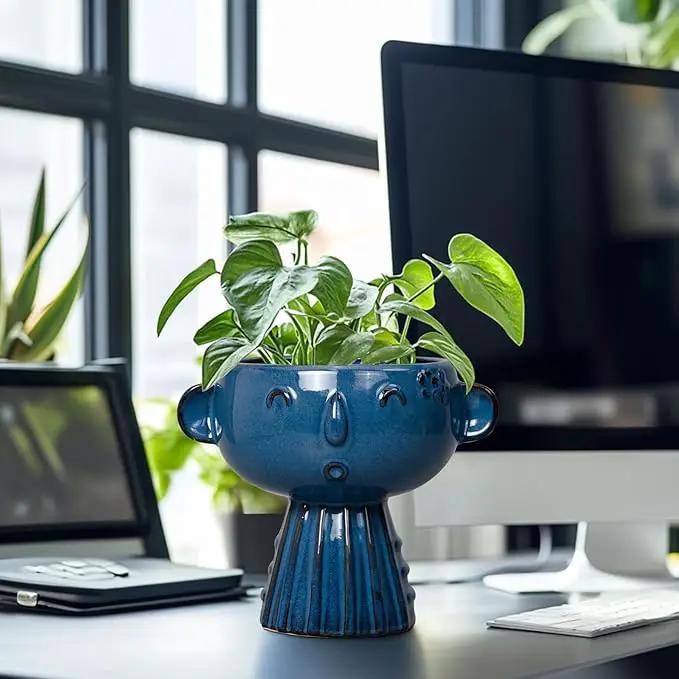 Head Planter Pot - 7 Inch Cute Face Planter for Indoor Outdoor Plants Ceramic Succulent Pot Round Flower Pot Present for Mother Christmas with Drainage Hole Blue by GreenHaven Gardens