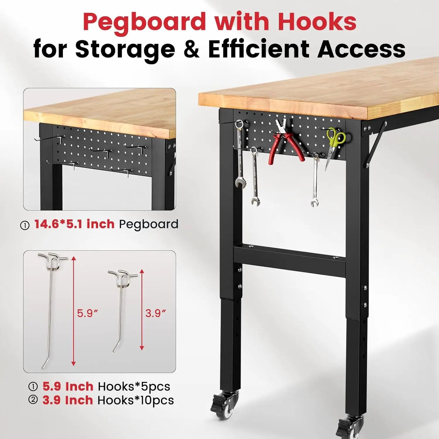 Workbench with Wheels 60 Inch Rubberwood Tabletop Garage Workbench Adjustable Height Work Bench with Pegboard, Power Outlets for Woodworking, Home, Office, Workshop by GreenHaven Gardens