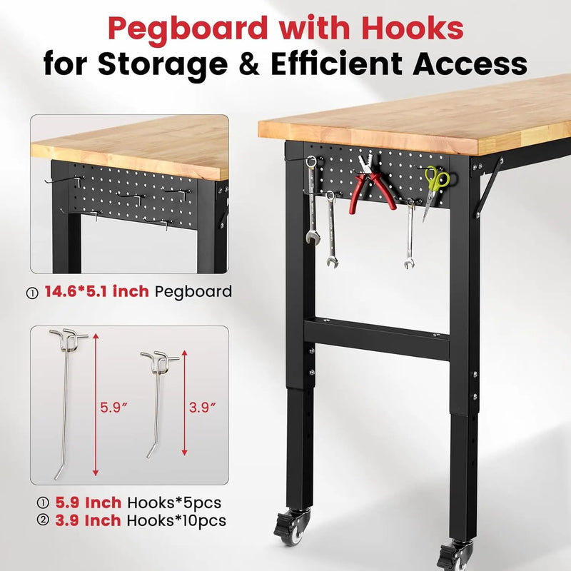 Workbench with Wheels 60 Inch Rubberwood Tabletop Garage Workbench Adjustable Height Work Bench with Pegboard, Power Outlets for Woodworking, Home, Office, Workshop by GreenHaven Gardens