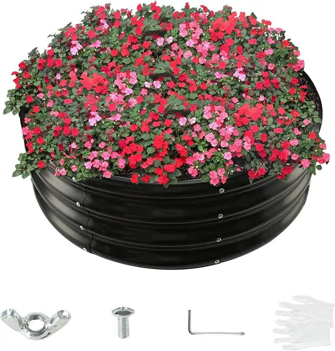 32 Inch Diameter Black Galvanized Garden Raised Bed/Plant Box/Fire Ring - 0.8mm Thick,12 Inch Tall, Perfect for Planting a Variety of Flowers,Herbs,Vegetables (2.7 FT Diameter, Round) by GreenHaven Gardens