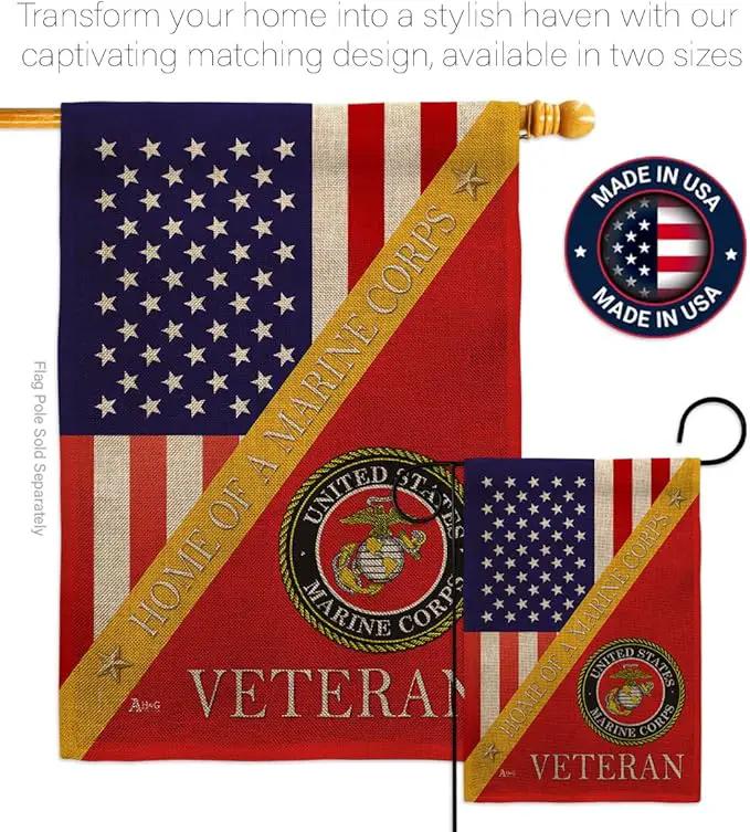 Home of Marine Corps Burlap Garden Flag - Set with Stand Armed Forces USMC Semper Fi United State American Military Veteran Retire Official House Banner Cemetery Yard Rememberance Veterans Day Gifts by GreenHaven Gardens