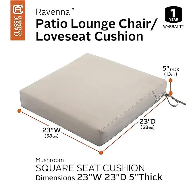 Classic Accessories Ravenna Water-Resistant 23 x 23 x 5 Inch Square Patio Seat Cushion Slip Cover & Foam, Mushroom, Lounge Chair Cushion by GreenHaven Gardens