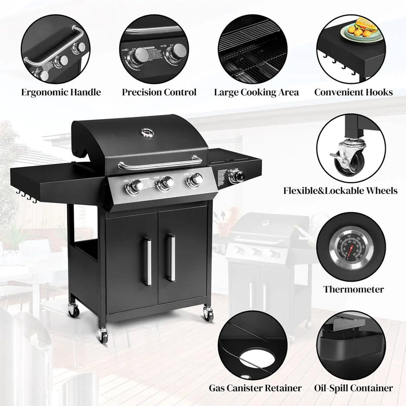 ROVSUN 3-Burner Propane Gas BBQ Grill with Side Burner & Enameled Cast Iron Grates, 46,000 BTU Barbecue Grill with Wheels for Outdoor Patio Backyard Cooking Grilling, Black by GreenHaven Gardens
