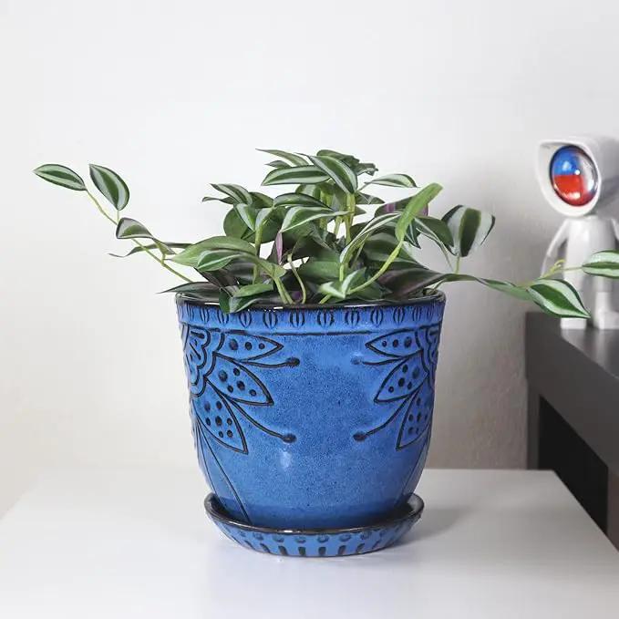 Gepege 6 Inch Beaded Ceramic Planter Set of 2 with Drainage Hole and Saucer for Plants, Indoor-Outdoor Large Round Succulent Orchid Flower Pot (Blue, for Inner-pots not Larger Than 5 Inch) by GreenHaven Gardens