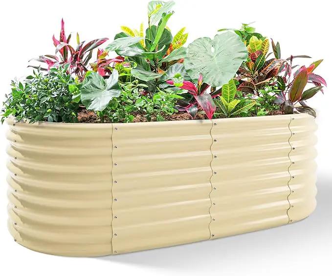 Land Guard 24“ Tall 4×2ft Galvanized Raised Garden Bed Kit, Galvanized Planter Garden Boxes Outdoor, Oval Large Metal Raised Garden Bed for Vegetables (Cream Yellow, 4×2×2ft) by GreenHaven Gardens