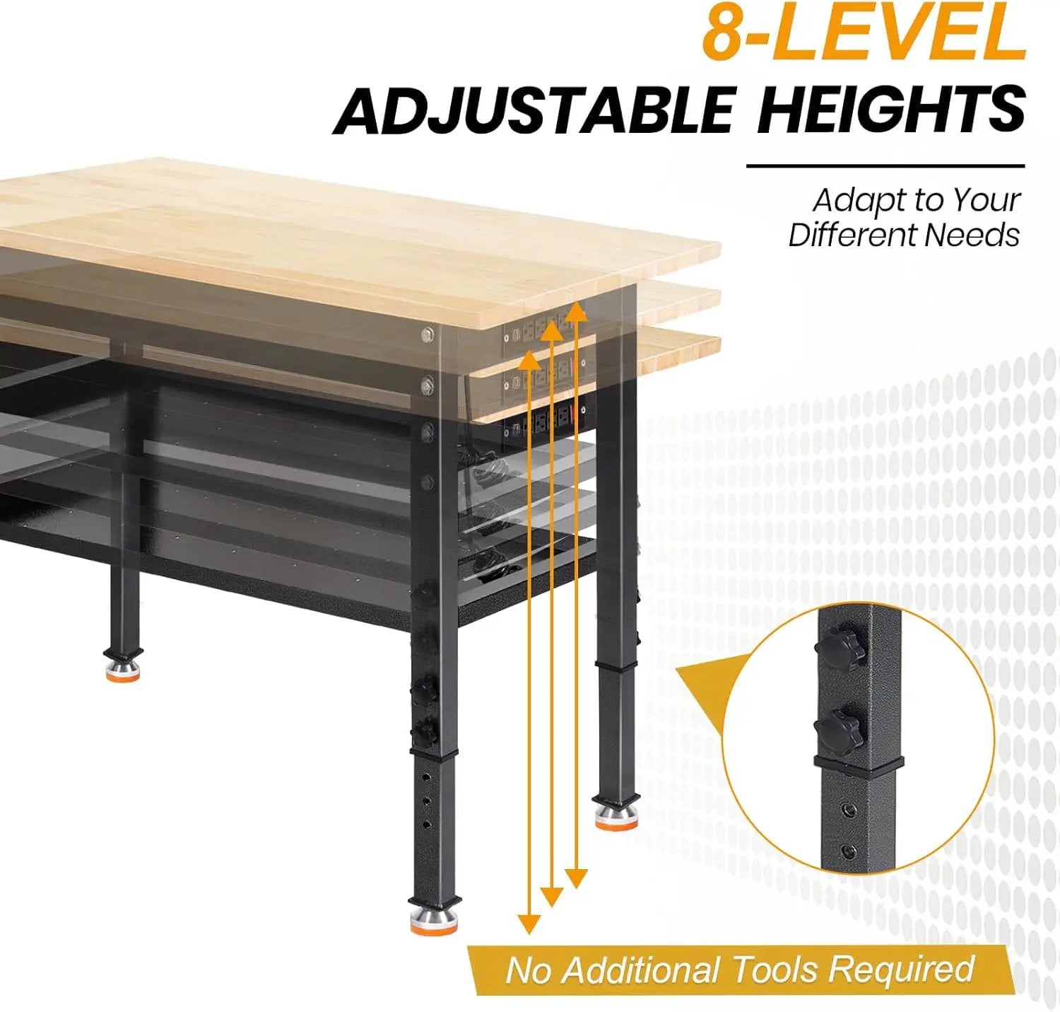 48"/60'' Adjustable Workbench, Rubber Wood Top Work Bench Heavy-Duty Work Table w/Power Outlet, Partition,2000 LBS Load Capacity Work Benches for Garage, Workshop, Home, Office, Easy Assembly by GreenHaven Gardens