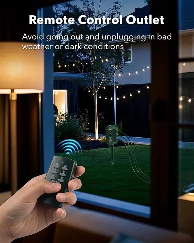 BN-LINK Outdoor Power Stake Timer Waterproof, Power Strip with 6 Grounded Outlets and 6FT Extension Cord, 100FT Wireless Remote Control, Dusk to Dawn Sensor Timer for Lights and Courtyard Decoration by GreenHaven Gardens