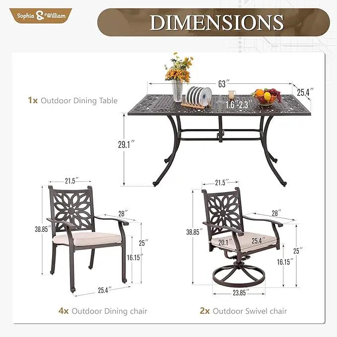 Sophia & William 7 Pieces Cast Aluminium Patio Dining Set for 6 People, Powder-Coating Outdoor Table and 4 Chairs & 2 Swivel Rocking Chairs, Outdoor Patio Table Set with 2.3" Umbrella Hole, Bronze by GreenHaven Gardens