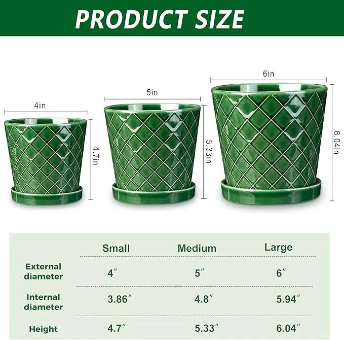 EFISPSS Ceramic Plant Pots, 4+5+6 Inch Pots for Indoor Plants, Flower Pots with Drainage Hole and Tray,Indoor/Outdoor Usage, Modern Style Garden Pots Set of 3 - Patina by GreenHaven Gardens