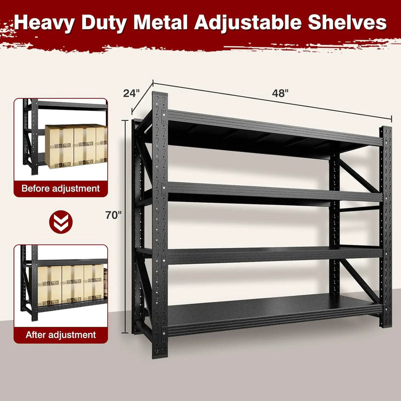 3000LBS Metal Steel Storage Shelves - 48" W Black 4 Tier Heavy Duty Rack Commercial Industrial Shelving with Adjustable Shelf for Basement Garage Warehouse Supermarket - 48" W x 24" D x 70" H by GreenHaven Gardens