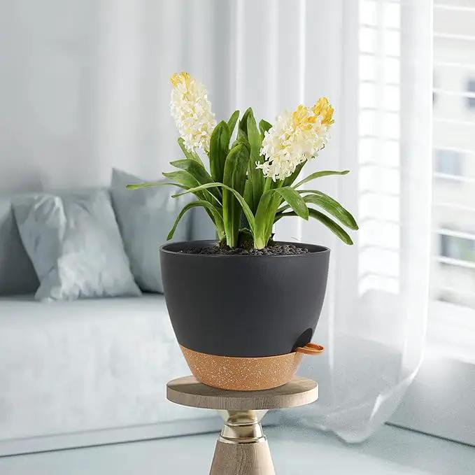 12 inch Large Self Watering Pots, Plant Pots with Mesh Drainage Holes for Indoor Outdoor Plants, Plastic Planters with Deep Reservoir for Garden House Flower Plants, Black with Brown by GreenHaven Gardens