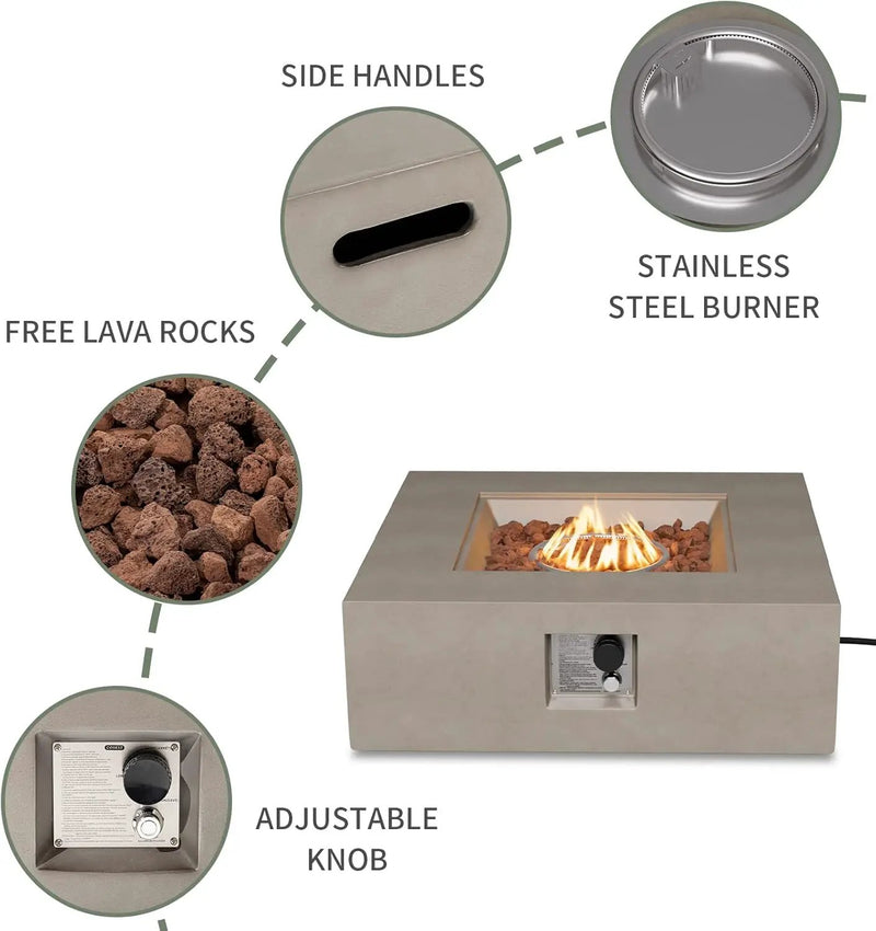 COSIEST Outdoor Propane Fire Pit Coffee Table w Square Faux Stone 35-inch Base, 50,000 BTU Stainless Steel Burner, Free Lava Rocks and Rain Cover(Gray) by GreenHaven Gardens