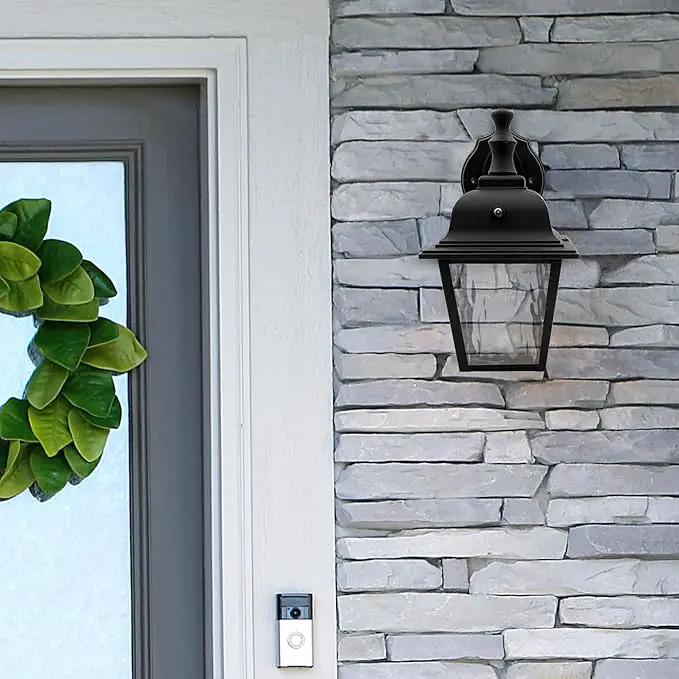 Maxxima LED Porch Lantern Outdoor Wall Light Fixture - Black, Clear Water Glass, Photocell Sensor, 875 Lumens, 3000K Warm White, Dusk to Dawn Light Sensor, Exterior Decorative Light by GreenHaven Gardens