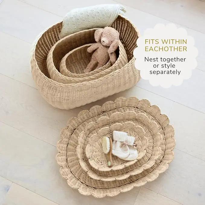 BEBE BASK Large Scalloped Basket Set Of 3 - Hand-Woven & Award-Winning Scallop Basket - XL - Extra Large for Blankets 22 x 16 x 10 In - Elegant Wicker With Scalloped Edge Lid (Natural) by GreenHaven Gardens