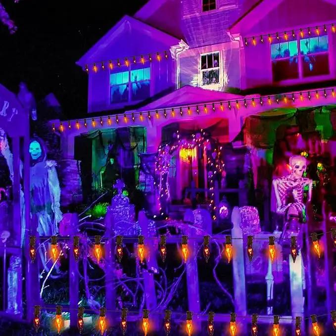 27.78 FT Halloween Ligths, C7 Clear Orange and Purple Flickering Flame String Lights Outdoor, E12 Screw Base, Flame String Lights for Halloween Indoor Outdoor Roofline Garden Patio Party Decorations by GreenHaven Gardens