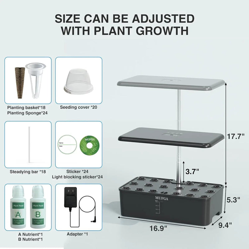 Hydroponics Growing System Herb Garden - MUFGA 18 Pods Indoor Gardening System with LED Grow Light, Plants Germination Kit(No Seeds) with Pump System, Adjustable Height Up to 17.7" for Home, Black by GreenHaven Gardens
