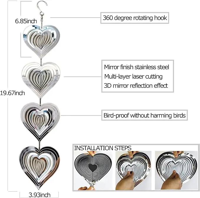 DJUAN Heart Bird Scare Discs Set-Highly Reflective Double-Sided Bird Reflectors,Extra Sparkly Metal Wind Spinner Outdoor Garden Decor, Bird Devices Deterrent to Scare Birds Away from Yard Patio Farm by GreenHaven Gardens