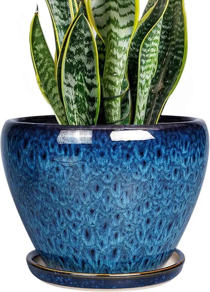 8 Inch Ceramic Plant Pot, Ceramic Planter Pot for Indoor Outdoor Plants, Round Flower Pot with Drainage Hole and Saucer, Blue by GreenHaven Gardens