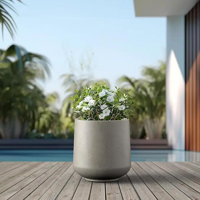Kante 15.3" Dia Round Concrete Planter, Outdoor Indoor Large Plant Pots Containers with Drainage Hole and Rubber Plug for Home Garden Patio, Buff Concrete by GreenHaven Gardens
