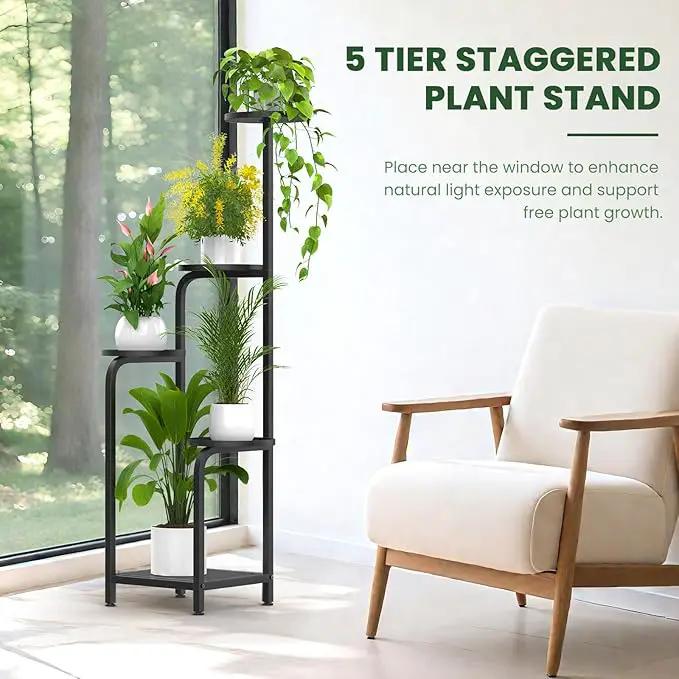 TOSKING 5 Tier Tall Plant Stand Indoor Outdoor, Heavy Duty Corner Shelf for Plants & Decor, Space Saving 3.9FT Metal Flower Pot Stand for Balcony, Garden, Living Room, Patio (Black, 47in) by GreenHaven Gardens