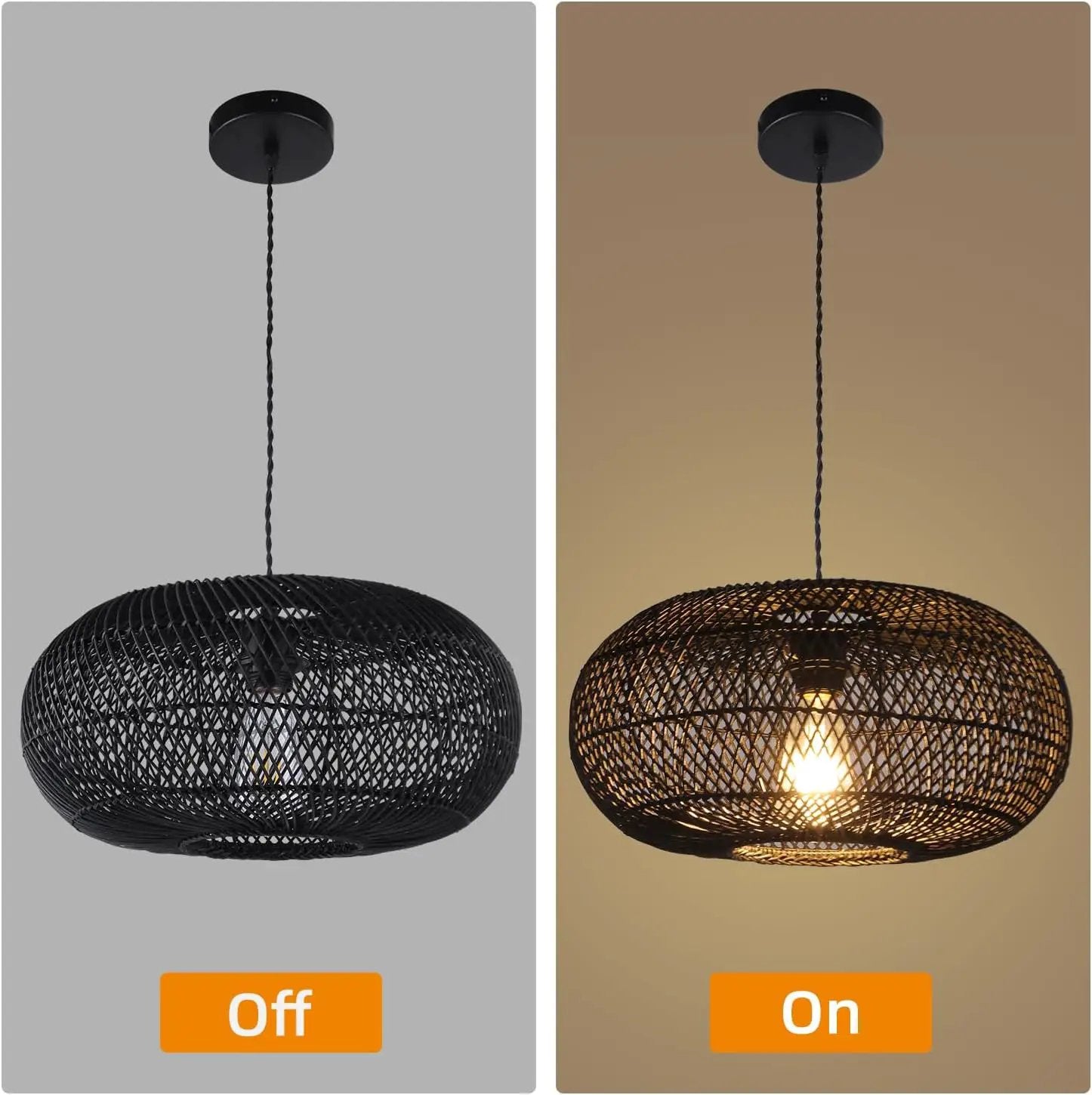 Rattan Pendant Light 15.75" 1-Light Hand-Woven Bamboo Rattan Hanging Lamp Large Globe Wicker Chandelier Modern Bohemian Adjustable Pendant Lamp for Kitchen Island Farmhouse Outdoor Porch Black.… by GreenHaven Gardens