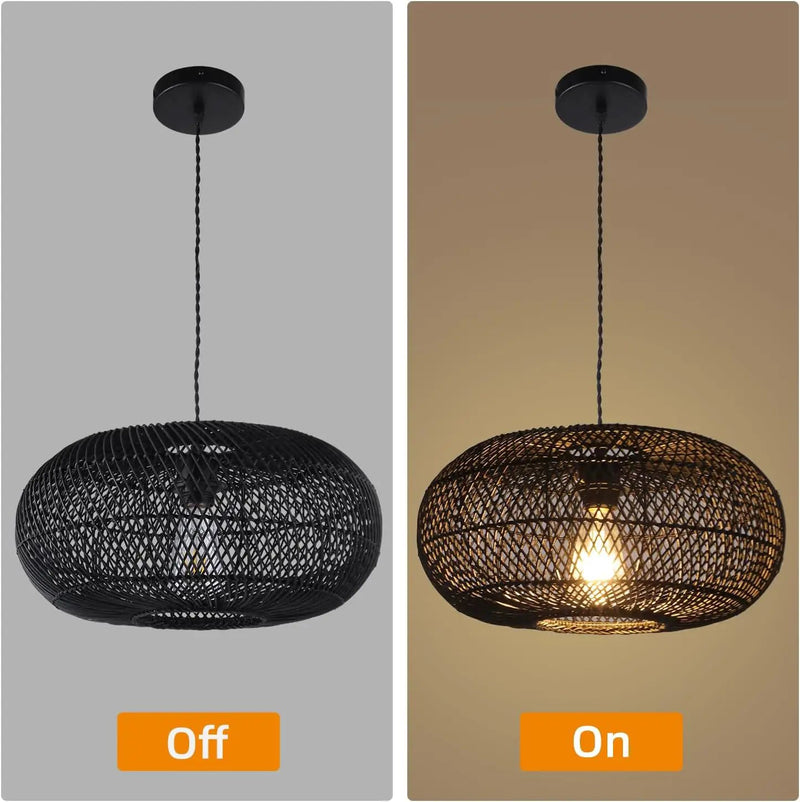 Rattan Pendant Light 15.75" 1-Light Hand-Woven Bamboo Rattan Hanging Lamp Large Globe Wicker Chandelier Modern Bohemian Adjustable Pendant Lamp for Kitchen Island Farmhouse Outdoor Porch Black.… by GreenHaven Gardens