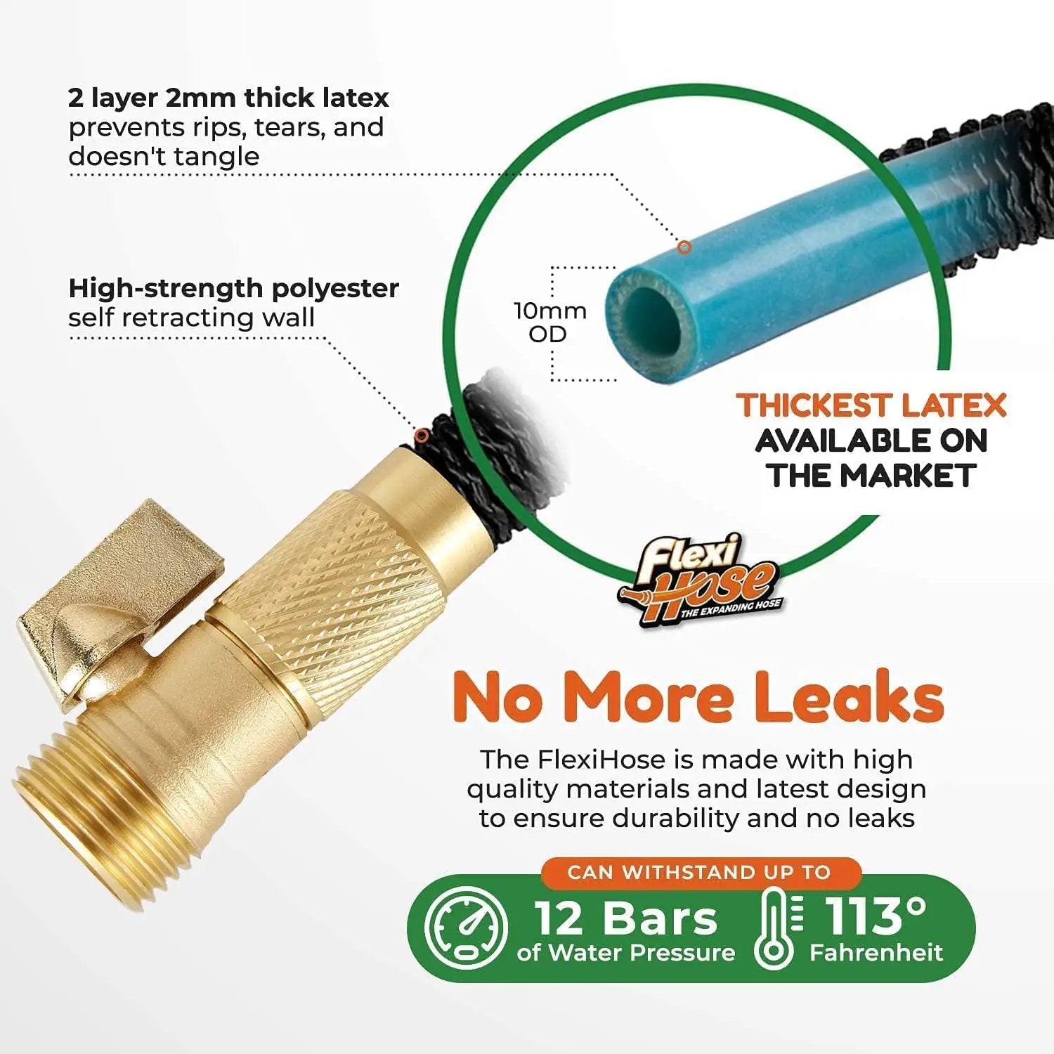 Flexi Hose with 8 Function Nozzle, 75FT - Lightweight Expandable Garden Hose, No-Kink Flexibility, 3/4 Inch Solid Brass Fittings and Double Latex Core by GreenHaven Gardens