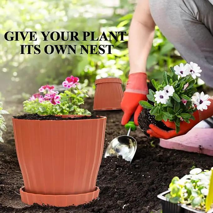 Plastic Flower Pots, 5 Pack 6 inch Indoor Plant Pots Planters for Outdoor Plants Flowers Garden Patio Home Nursery Decor Gifts,Large Succulent Pots with Drainage Tray Saucer & Hole Terracotta by GreenHaven Gardens
