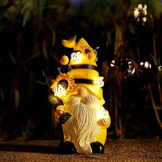 Garden Figurines Gnome Statue Decorations - Solar Resin Spring Bee Gnome Figurine Solar Garden Lights Outdoor Decorations Waterproof for Patio,Yard,Lawn, by GreenHaven Gardens