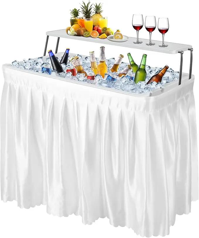 Portable Folding Ice Cooler Table - 2 Tier Outdoor Cooler Table with Removable Matching Skirt and Shelf, Ice Tables for Party, Camping, Picnic, Foldable Self-Serving Beverage Cooling Bar(White) by GreenHaven Gardens