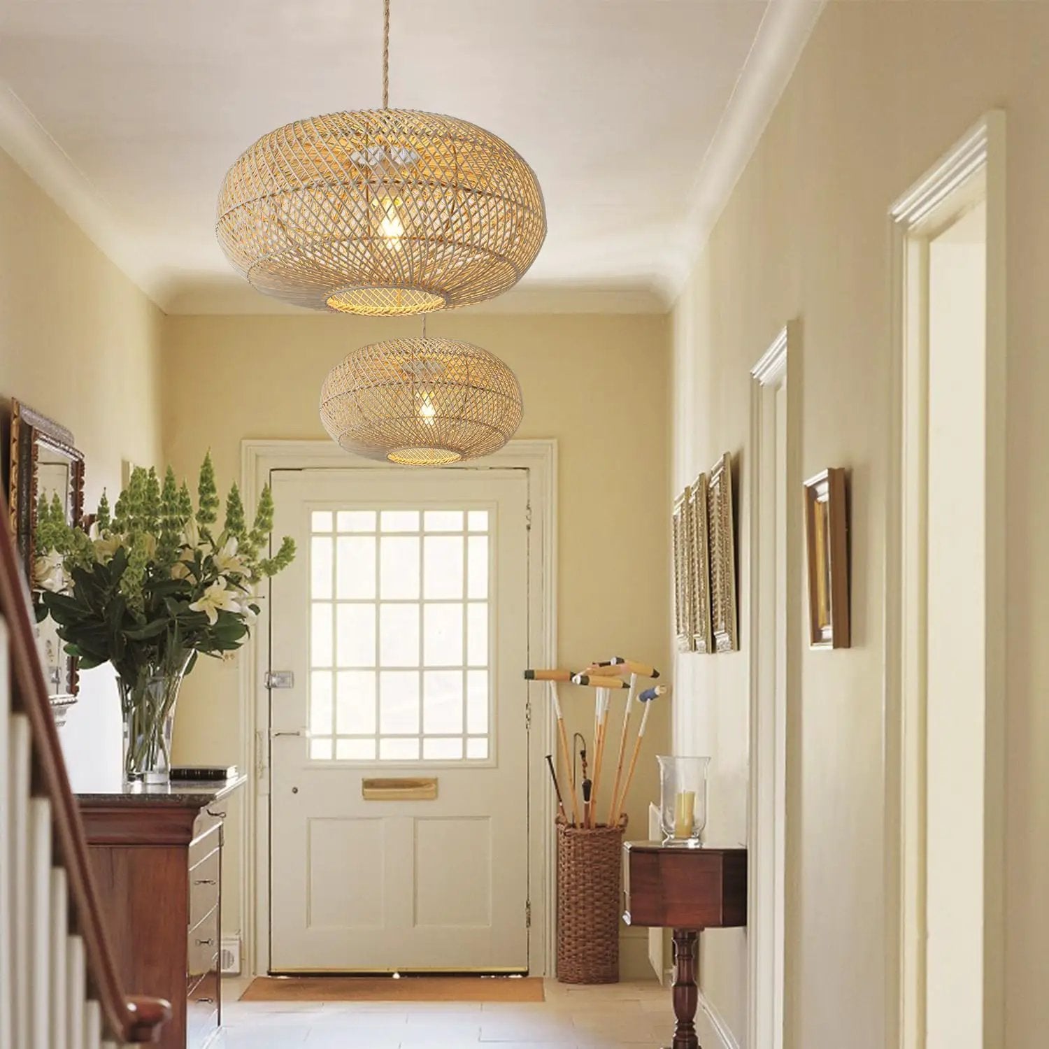 Rattan Pendant Light 16" 1-Light Hand-Woven Rattan Hanging Light，Wicker Woven Basket Chandelier，Modern Bohemian Pendant Lamp for Kitchen Island Foyer Farmhouse Porch by GreenHaven Gardens