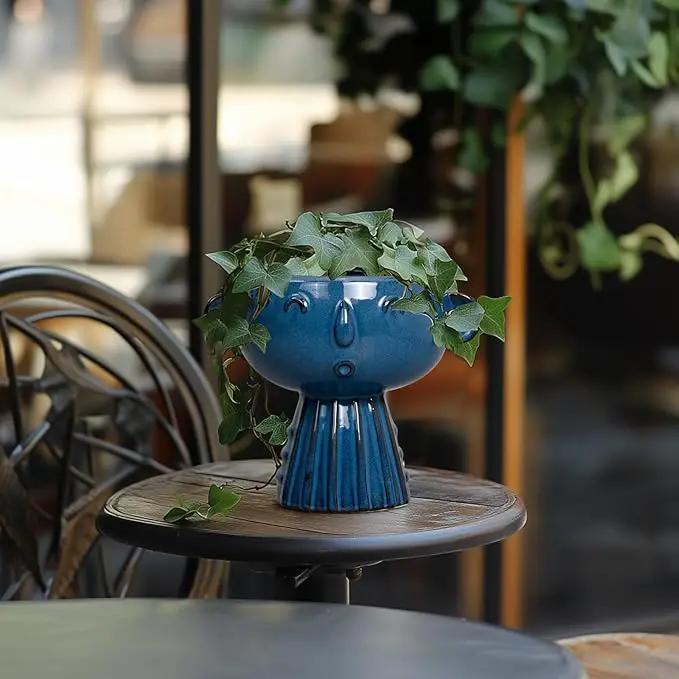 Head Planter Pot - 7 Inch Cute Face Planter for Indoor Outdoor Plants Ceramic Succulent Pot Round Flower Pot Present for Mother Christmas with Drainage Hole Blue by GreenHaven Gardens