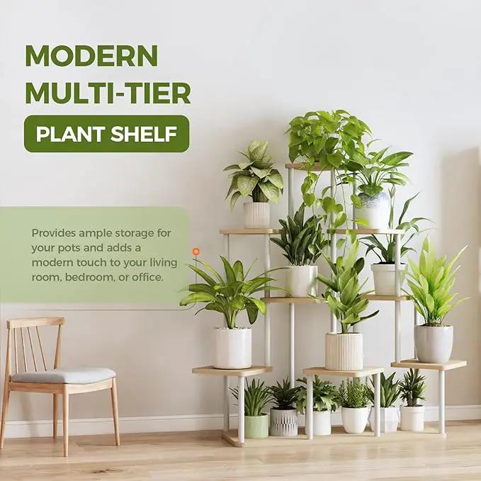Bamworld Large Plant Stand Indoor, 9 Tier Tall Metal Plant Shelf for Multiple Plants, Tiered Flower Stand for Patio Garden Balcony Living Room Bedroom(White) by GreenHaven Gardens