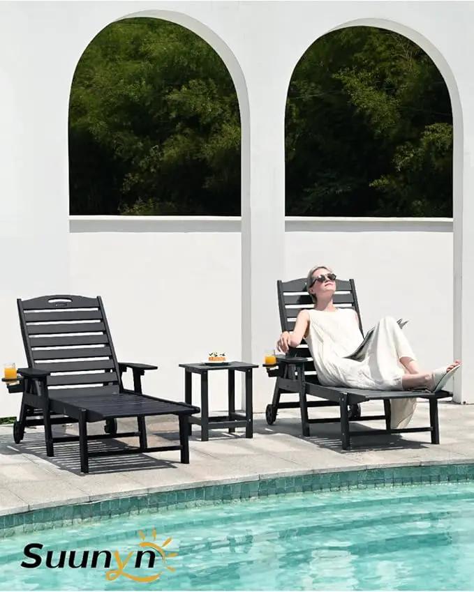 Lounge Chair Outdoor Set of 4 with Wheels, Adjustable 6-Position Chaise Lounge Outdoor, Patio Lounge Chair for Poolside Backyard, Black by GreenHaven Gardens