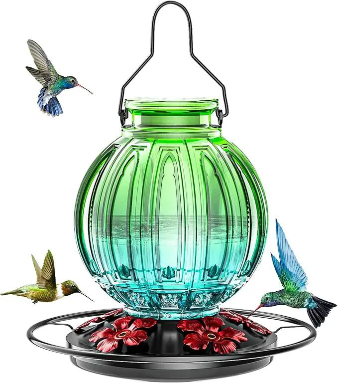 Glass Hummingbird Feeder for Outdoors Hanging, Bird Nectar Feeder with Perch & 5 Flower Feeding Ports, 26 Oz Leak Proof for Outside Garden Decor Backyard, Gifts for Women Mom, Green & Blue by GreenHaven Gardens