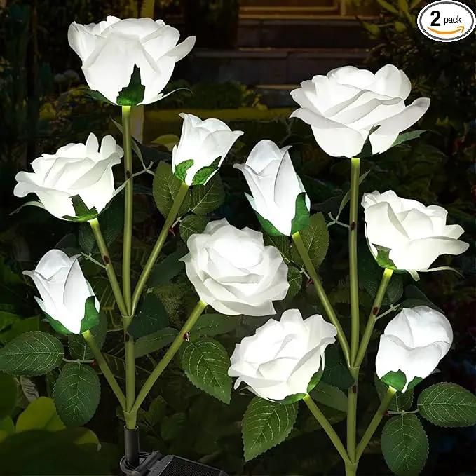 Solar Garden Lights, Solar Outdoor Lights with More Realistic 10 Rose Waterproof Solar Powered Flowers Lights for Outside Patio Yard Pathway Decorations, 2 Pack White by GreenHaven Gardens