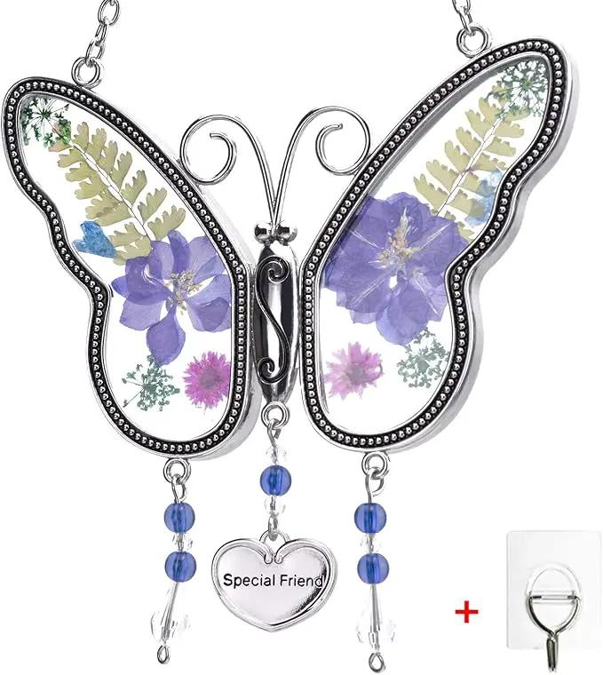Laraine Butterfly Suncatcher with Pressed Flower Wings Mom Mother's Day Butterfly Glass Wind Chime Ornament Charm with Metal Heart Gifts for Mom Grandma Aunt Birthday (Purple Friend (with Free Hook)) by GreenHaven Gardens