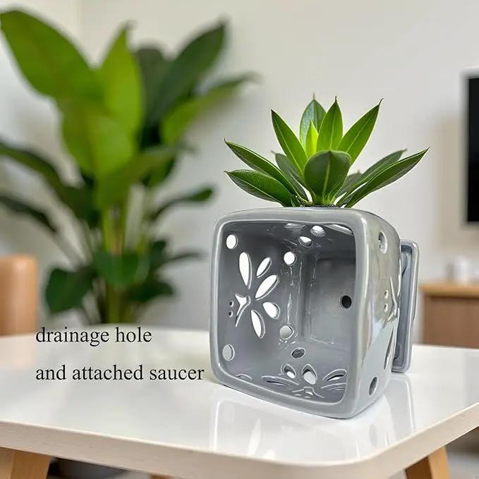 Orchid Pots with Holes Square Ceramic Orchid Planter Pots 5.5 inch (Gray) by GreenHaven Gardens