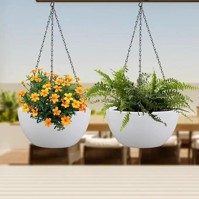 12 inch Large Hanging Planters for Indoor Outdoor Plants, 2 Pack Hanging Flower Pots with Drainage Holes and Chain for Garden Porch, Plastic Hanging Baskets for House Plants, White by GreenHaven Gardens
