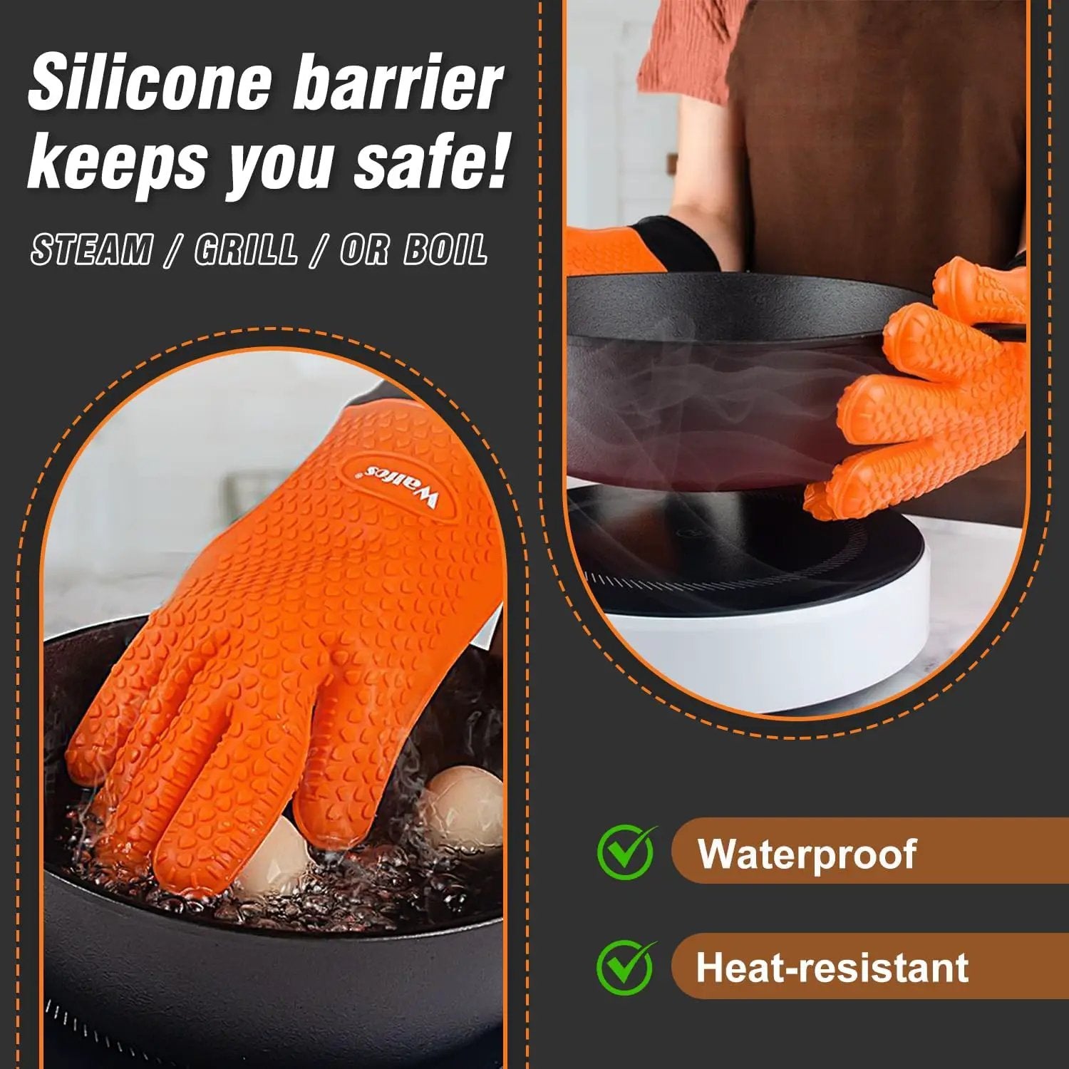 Walfos Silicone BBQ Gloves - Heat Resistant Grilling Gloves, Premium Non-Slip Kitchen Oven Mitt with Protective Cotton Layer Inside, Waterproof, Great for Grilling, Kitchen and Cooking, Orange by GreenHaven Gardens