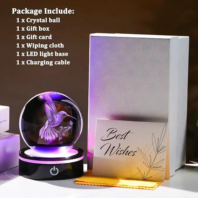 YWHL 3D Crystal Ball Hummingbird Figurine with LED Base, Hummingbird Gifts for Women Men Hummingbird Lovers on Christmas Birthday, Hummingbird Ornament Glass Decorative Ball for Home Decor (80mm) by GreenHaven Gardens