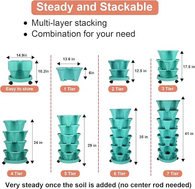 Vertical Planter 7 Tier Stackable Planters Garden Planters Strawberry Herb Flower and Vegetable Planter Indoor Outdoor Gardening Pots with Removable Wheels and Tools by GreenHaven Gardens
